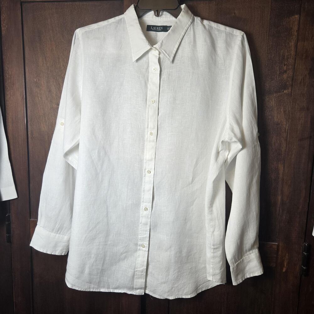 Lauren Ralph Lauren Shirt Womens XXL White Linen Button Up Roll Tab Long Sleeve